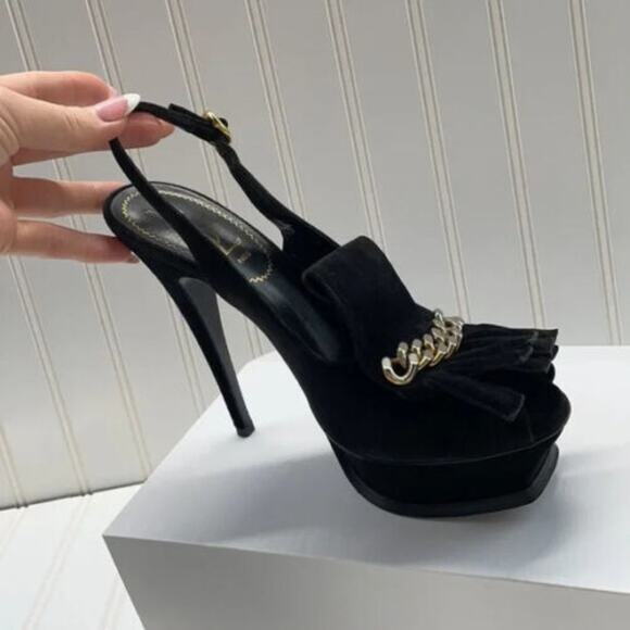 Yves Saint Laurent Black Suede Fringe Chain Open Toe Slingback Stiletto Heel 8.5 - Picture 5 of 8